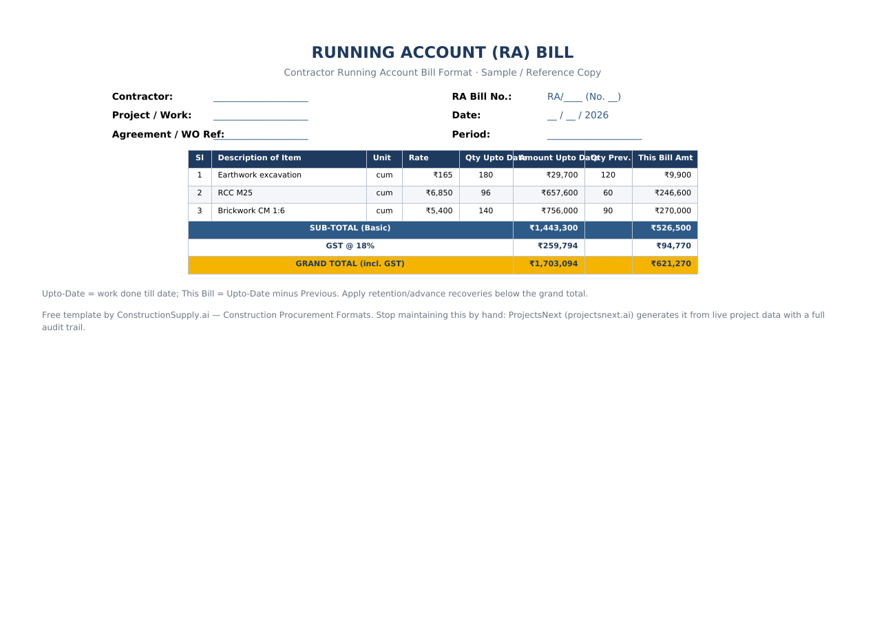 RA Bill Format in Excel — Running Account Bill (Free) — sample