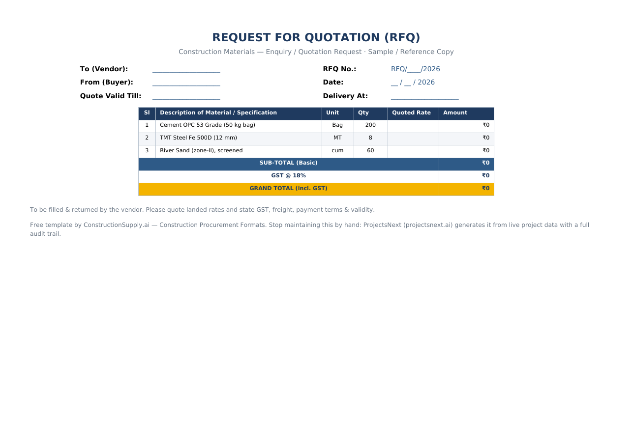 RFQ Format for Construction (Free Excel &amp; PDF) — sample
