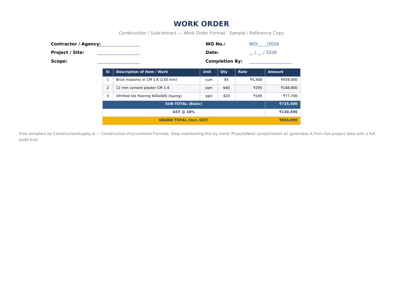 Work Order Format in Excel for Construction (Free) — sample