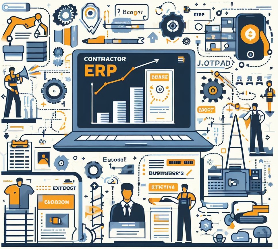 Contractor evaluating ERP software modules on a construction site office screen