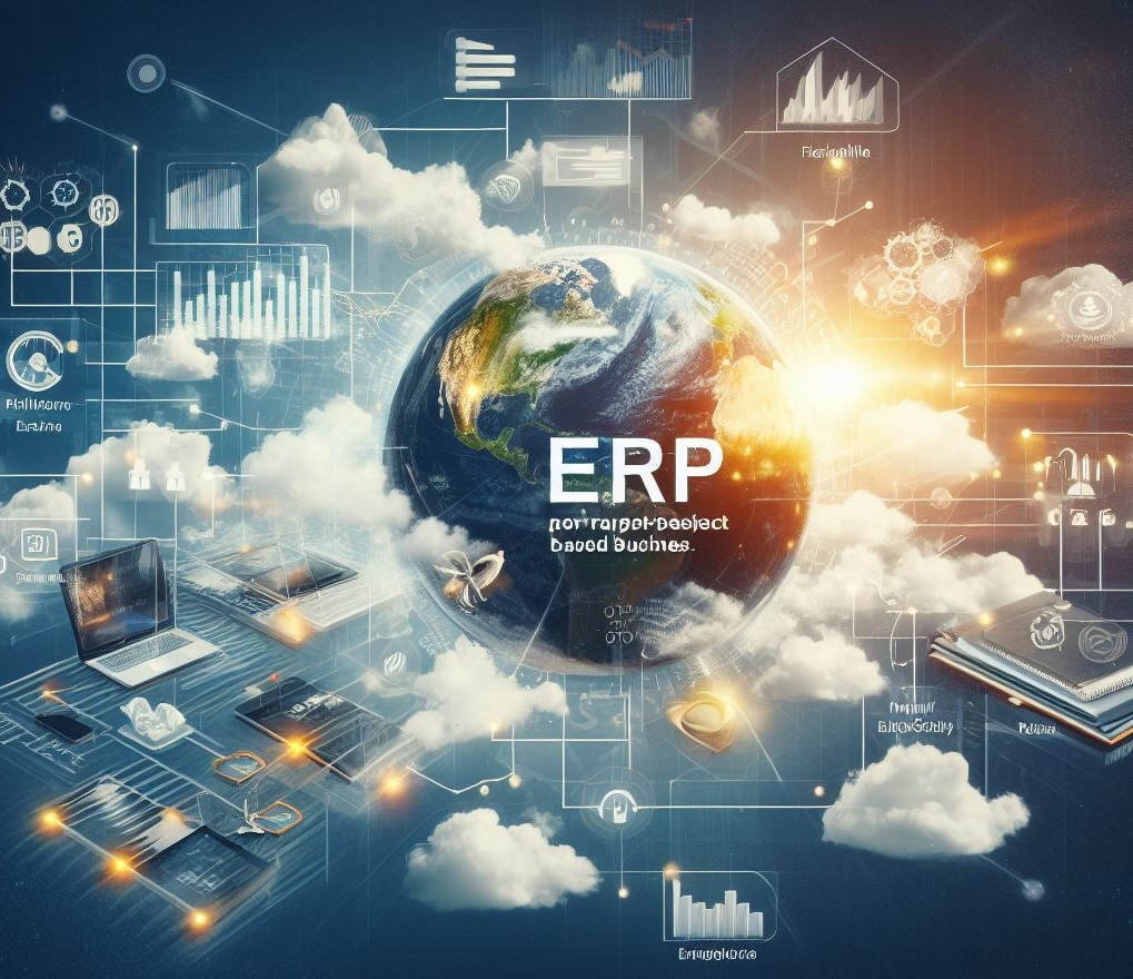 Construction professionals reviewing cloud-based ERP system on multiple devices