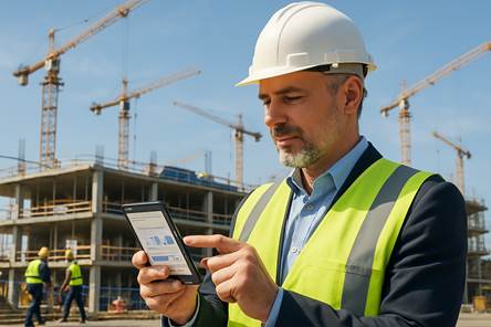 Construction worker using mobile app for field reporting on a building site
